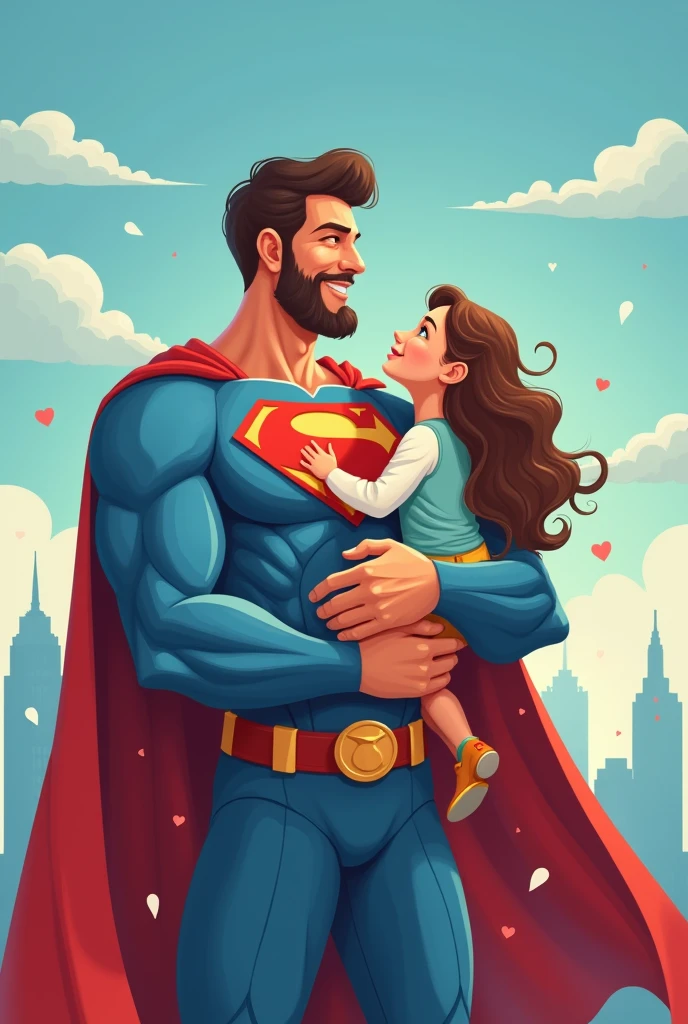 "An illustration celebrating Father's Day, featuring a heartwarming scene of a father and daughter. The father is depicted as a superhero, symbolizing his strength, protection, and role as a hero in his daughter's life. The daughter looks up at him with admiration, conveying deep love and trust. The background and accents are in shades of blue, evoking feelings of nostalgia, love, and security. The overall tone of the image should be warm and sentimental, reflecting the strong bond and cherished memories between the father and daughter."
