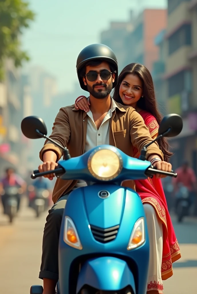 An indian boy with clean shave wear a white shirt under a brown jacket with black sunglass with a black helmet on head and sitting on a blue scooter with a indian girl who wear white churidaar with a red dopatta