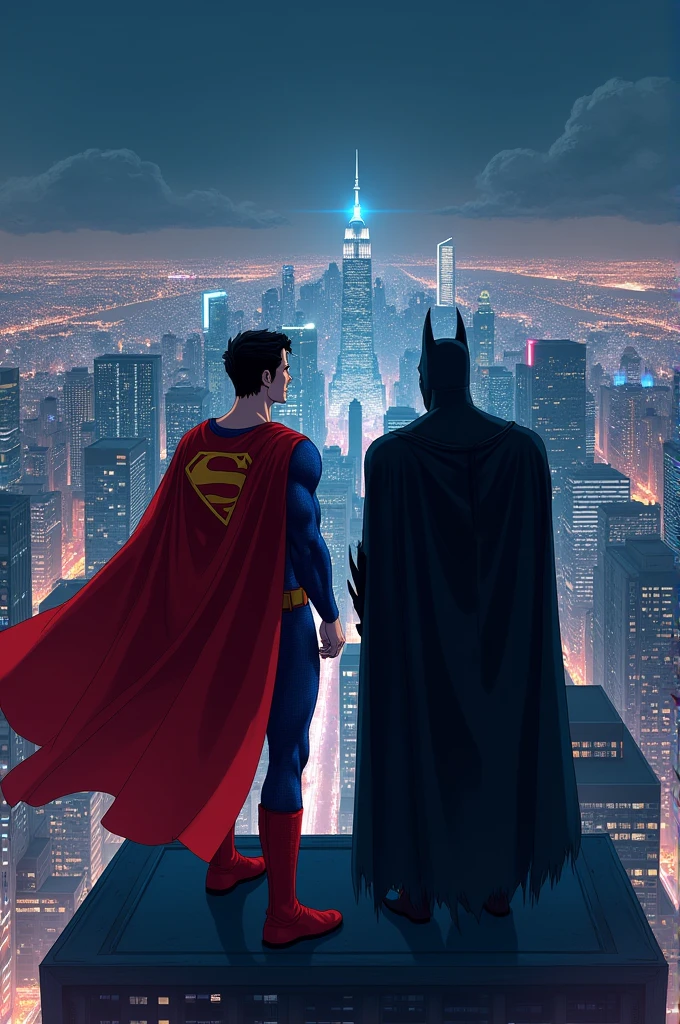 Superman and Batman in asthetic anime style looking towards the city at night