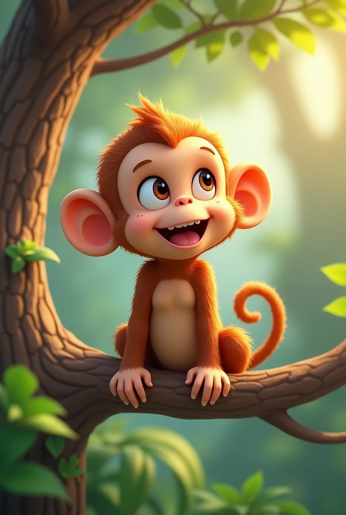 A baby monkey swinging on a tree branch looking down to the right, 3D image, Cartoon, detailed face, asymmetrical 16k