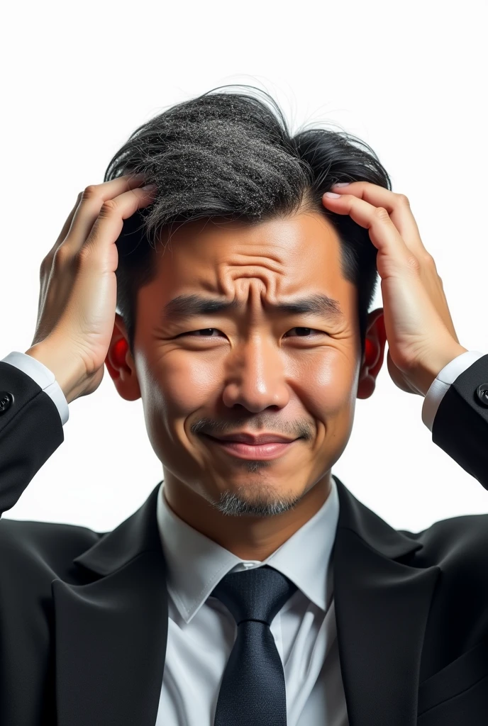 Create an Asian handsome guy,Dress conservatively,Scratching the scalp with both hands,There is a lot of dandruff on the top of the head,White fine dandruff on the top of the head,The expression is unhappy,The characters are realistic and realistic,Pure white background,9:16 frames,Ultra-high-definition picture quality