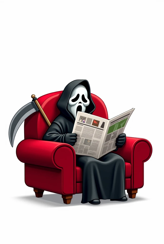 draw a drawing in the proportions 2000x 2000, with a completely white background, colored in the cartoon style of the character from the film Scream, sitting on a red sofa calmly reading a newspaper and smiling, with his scythe resting on the sofa