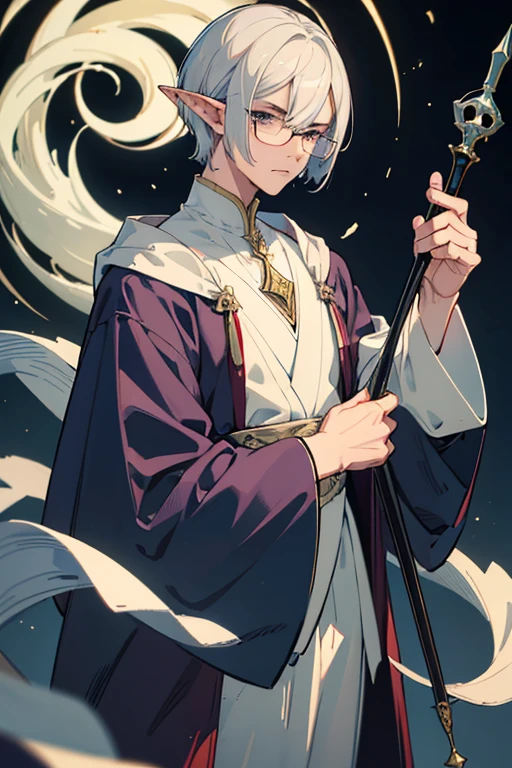 male、1 person、male性、Short Hair、Straight Bob、adult、perfection、大柄のmale、Stocky build、Elf、Magic Mentor、Long staff、Glasses、Delicate Robe、Slender、stylish、Clumsy Hands、Elegant、Pride、Sharp Eye、Disgust、Frown、Glare、Severe、Irritation