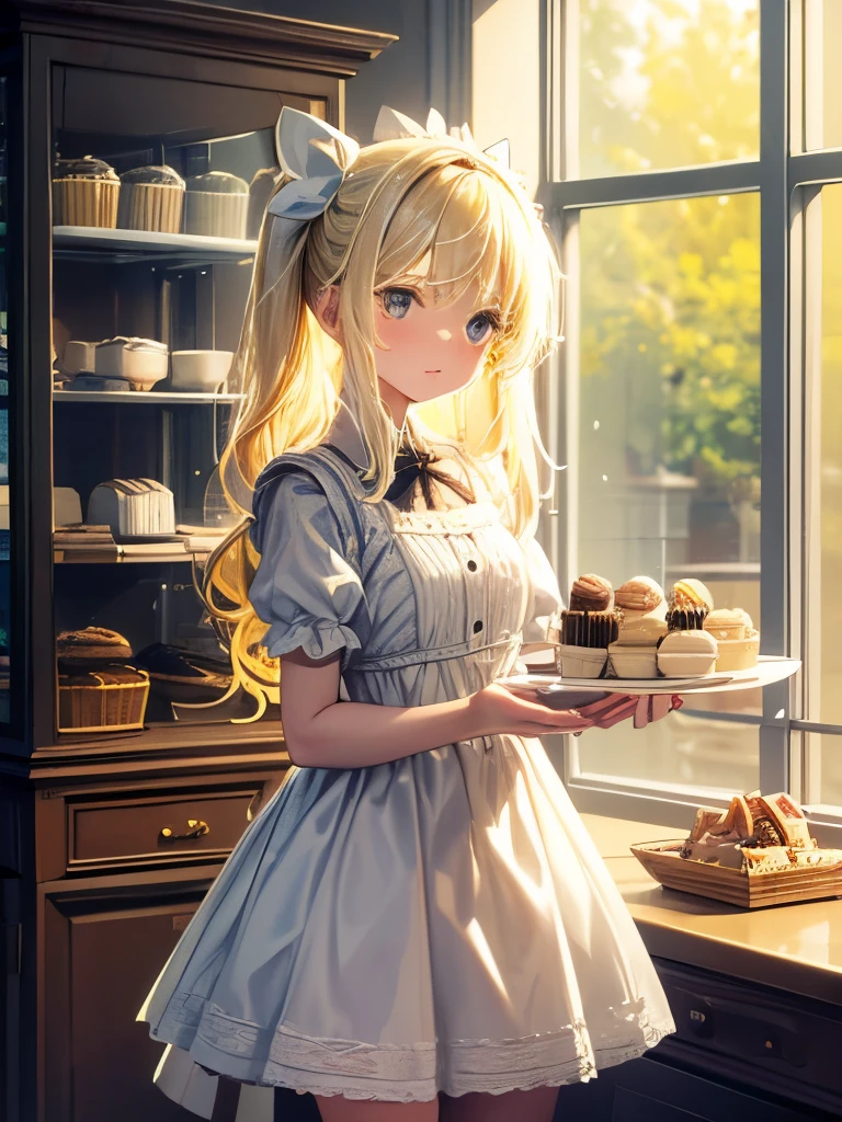 masterpiece, Very detailed, (Little:1.3), , (One girl), Blonde, pastel colour, Cozy atmosphere, Dessert display case, Macaroons, cupcake, tart, cake, coffee maker, Blackboard Menu, Natural light, Glass jar filled with candy, Frosted window glass, Decorative Plate, Whimsical decor, Sugar Sculpture,