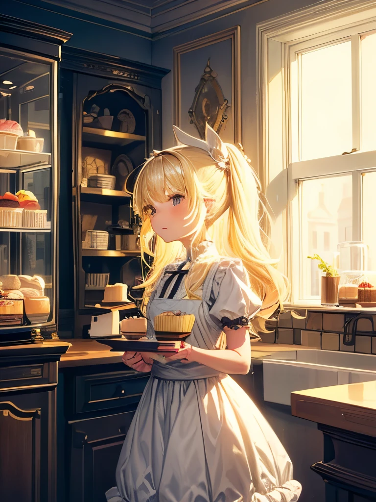 masterpiece, Very detailed, (Little:1.3), , (One girl), Blonde, pastel colour, Cozy atmosphere, Dessert display case, Macaroons, cupcake, tart, cake, coffee maker, Blackboard Menu, Natural light, Glass jar filled with candy, Frosted window glass, Decorative Plate, Whimsical decor, Sugar Sculpture,