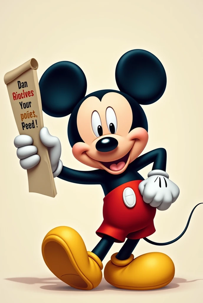 A Mickey Mouse stands with a poster in hand