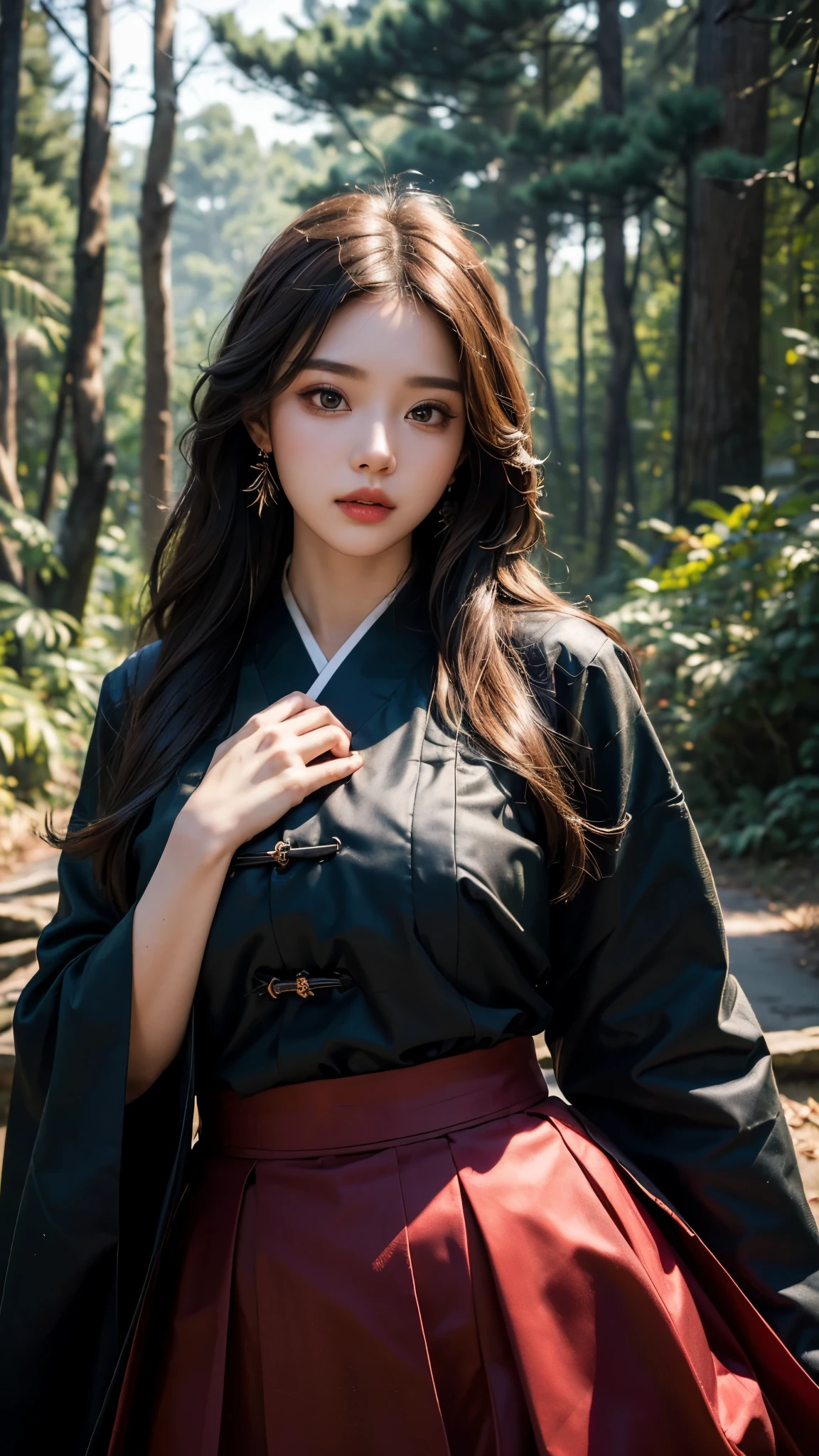 (best quality, 8k, masterpiece: 1.3), ((((((ridiculously big tits: 0.8))))), hairpin, (beautiful face:1.3), Dark Forest, chill, old tree,authentic hanbok, red skirt, dark background, It's dark at night