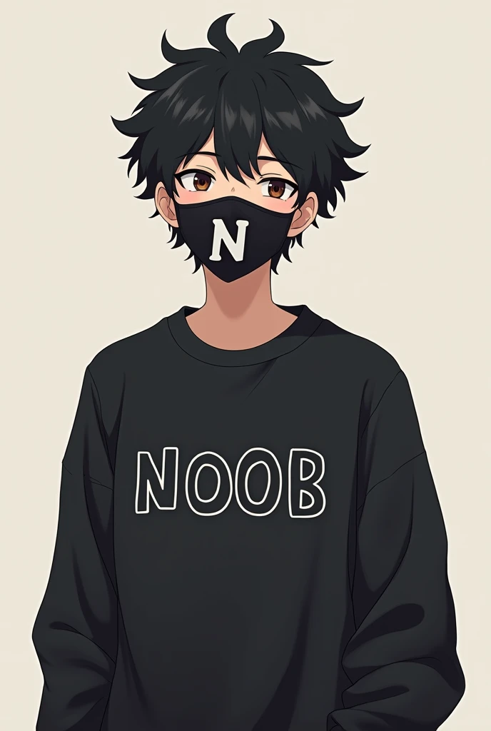 Make a male anime character who wears a black sweatshirt with the word NOOB written on it and wears a mask with a personalized N on the mouth and with sleepy eyes and curly hair