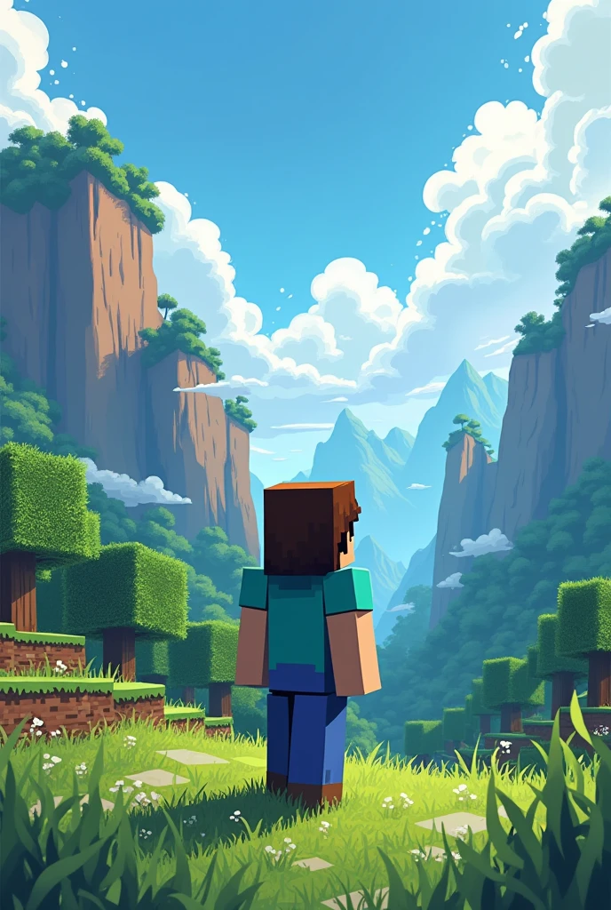 cree une miniature pour youtube  pour une video sur minecraft la nostalgie donc mais un personnage de minecraft en dessin de dos qui regarde un paysage magnifique le style mode dessin manga mais faut reconnaitre minecraft avec en haut de lui une ecriture avec marque nostalgie 