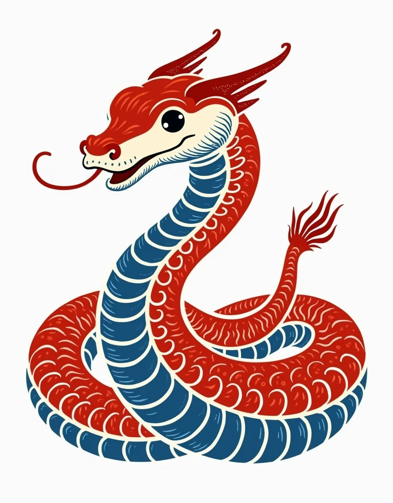 White background. The Snake in the Chinese zodiac,cute Snake,in the style of linocut,close-up of the whole body,fine line details,color sand red and blue and white porcelain blue,unique character design,bold color block,simple and concise,detailedintersections,high contrast,dynamic line,word using vintage images,in woodcut,hatching,woodcut style