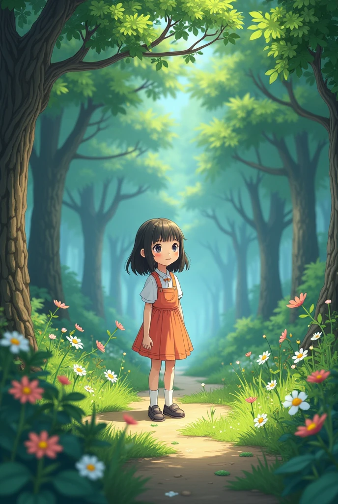 A cute girl in the fairy forest, beautiful scenery,   studio Ghibli style
