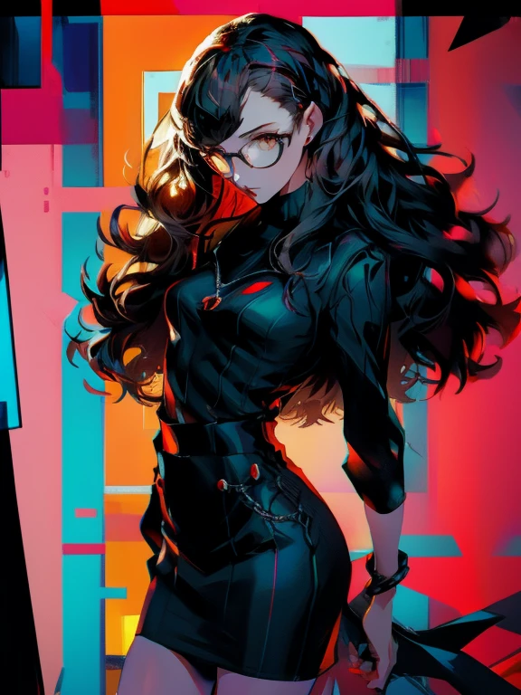 in the art style of persona5, (masterpiece:1.2, highest quality), (Realistic, photoRealistic:1.4), Beautiful illustrations, (Natural Side Lighting, Cinema Lighting), Written boundary depth, Beautiful thighs staring at the viewer, 1 female, 20-year-old, alone, thin, slender, (small breasts), long Hair, Curly Hair, Forehead, Forehead, Forehead, Forehead, thin, slender, glasses, blouse, sexy pencil skirt, Are standing