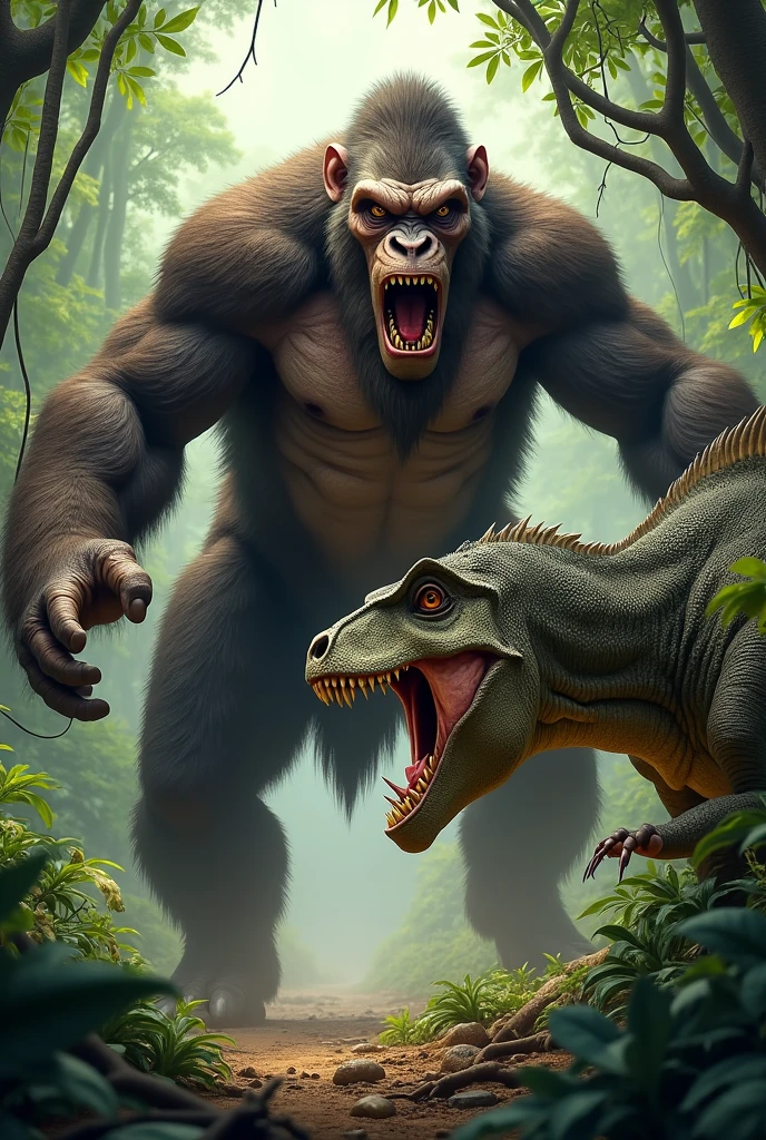 /imagine a big monkey angry mood in front of the dinosaur at the jungle