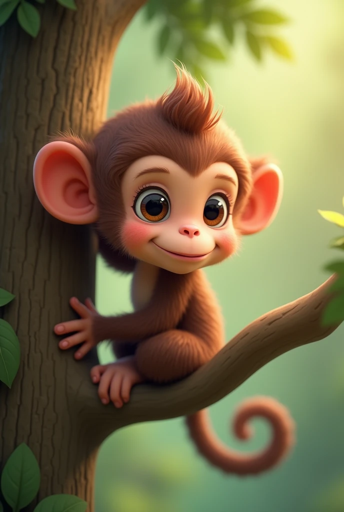 A baby monkey swinging on a tree branch looking down to the right, 3D image, Cartoon, detailed face, asymmetrical 16k
