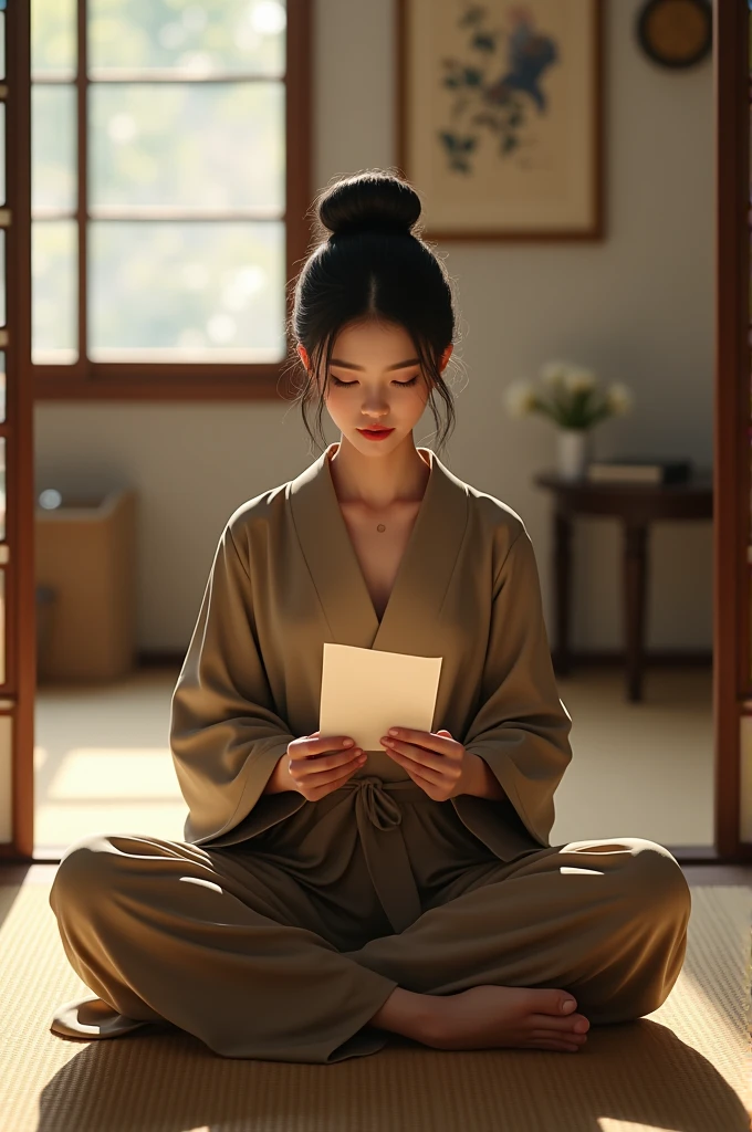 In your own room「matevalue」A Japanese woman holding a small piece of paper with the handwritten text