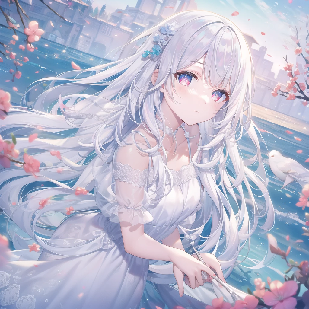 ((masterpiece, best quality))++, Detailed lighting+,  Detailed hair+, Detail hand+ ,1 girl, Miss, Long hair,   Crimson eyes,  beautiful eyes, young white hair,,(Beautiful white hair:1.5),(Beautiful and delicate eyes),  high resolution+,glass tint, Reflective eyes,   {{angle}} , Very detailed wallpaper, The original, Air bangs，Extremely beautiful CG，Firefly，Nature，ocean