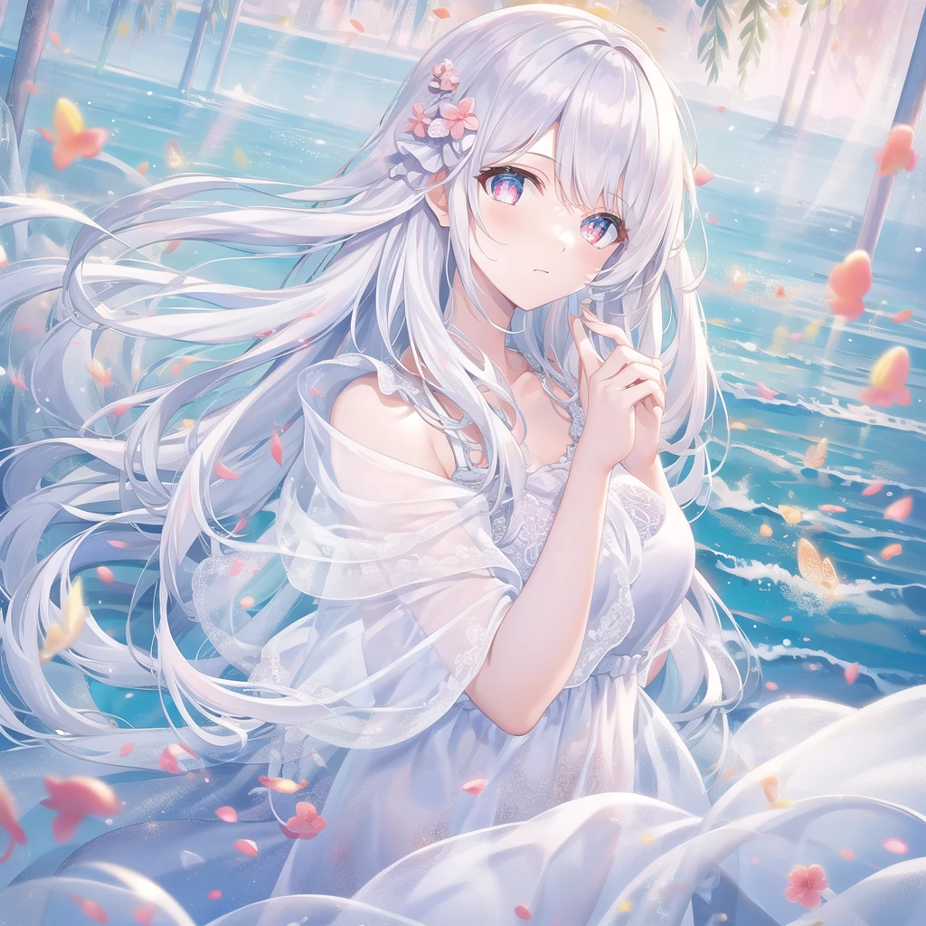 ((masterpiece, best quality))++, Detailed lighting+,  Detailed hair+, Detail hand+ ,1 girl, Miss, Long hair,   Crimson eyes,  beautiful eyes, young white hair,,(Beautiful white hair:1.5),(Beautiful and delicate eyes),  high resolution+,glass tint, Reflective eyes,   {{angle}} , Very detailed wallpaper, The original, Air bangs，Extremely beautiful CG，Firefly，Nature，ocean
