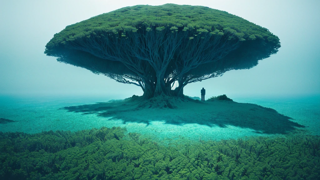 Photorealistic drone photo of a mountain slope covered in dense vegetation with a mist of humidity. In the center of the picture is a man with a faithful dog and a drone explorer. They set foot on a lonely unknown planet, A certain visible and invisible oceans stretched before the eyes of the astronaut, boasting a variety of shades from turquoise to deep blue. Islands, covered with strange and magical trees, shone on the surface of the water, Like little gems. Kodak ektar film, 35mm photography, professional lighting, deep aesthetic, microscopic details, contemporary art, dreamlike surrealism, The scene is epic and mysterious, reminiscent of the X-Files