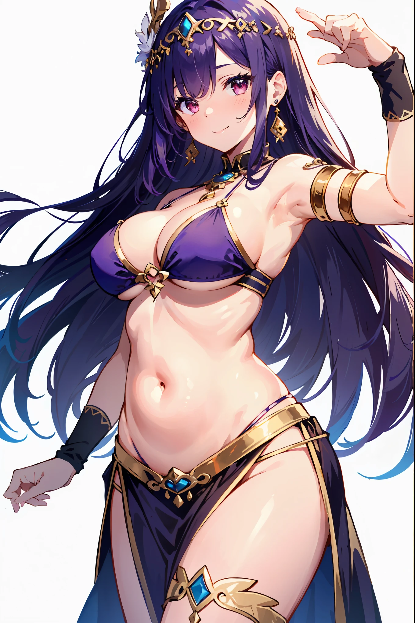 1girl, belly dancer, white background, red eyes, long hair, purple hair, harem outfit, bikini, pelvic curtain, purple costume, circlet, earrings, armlets, bracelets, bashful smile, dancing, large breasts, cleavage, soft stomach