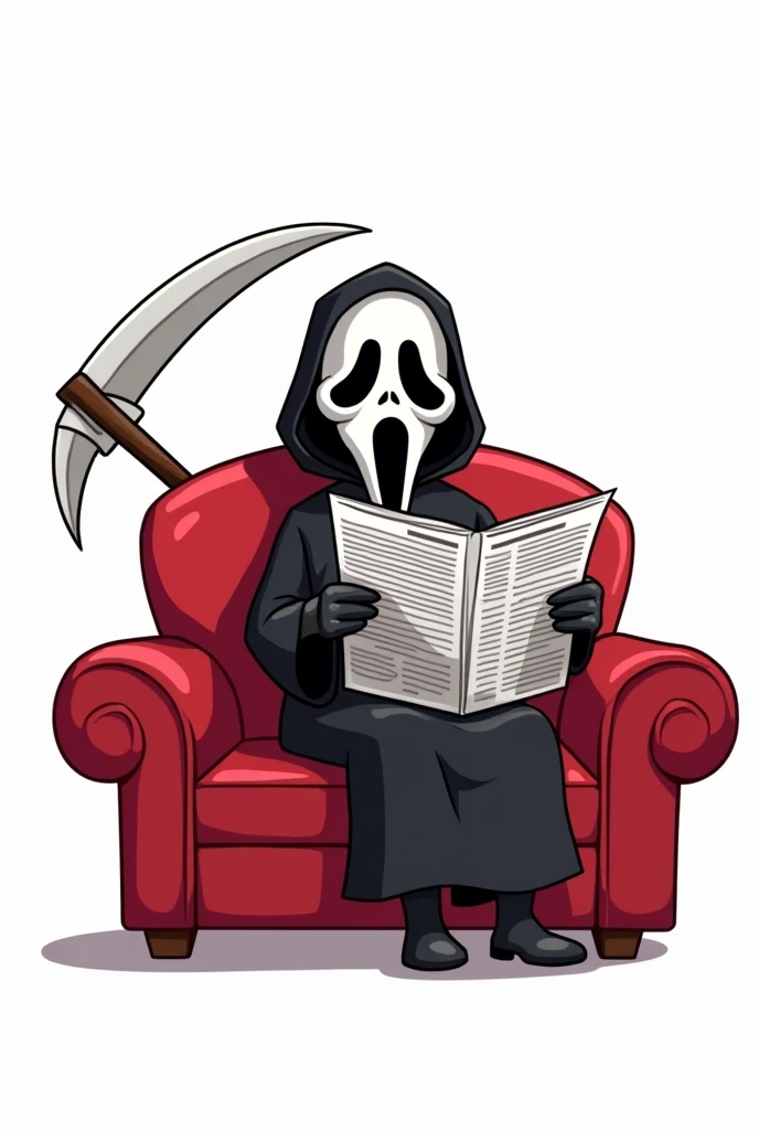 draw a drawing in the proportions 2000x 2000, with a completely white background, colored in the cartoon style of the character from the film Scream, sitting on a red sofa calmly reading a newspaper and smiling, with his scythe resting on the sofa
