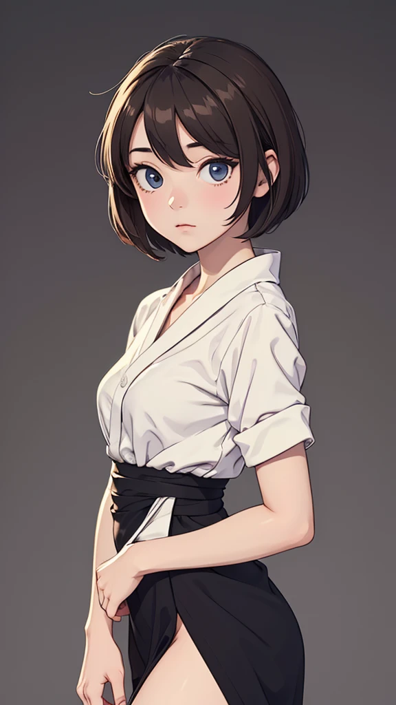 (((masterpiece, best quality, ultra highres, 1 girl, solo, no background))), super detailed skin and face and eyes and finger, beautiful japanese woman, small breasts:1.5, skinny, light brown hair, white background, very short pixie hair, cowboy shot, The background should be simple, outline, anime, 2d, boyish, expressionless, flat paint,