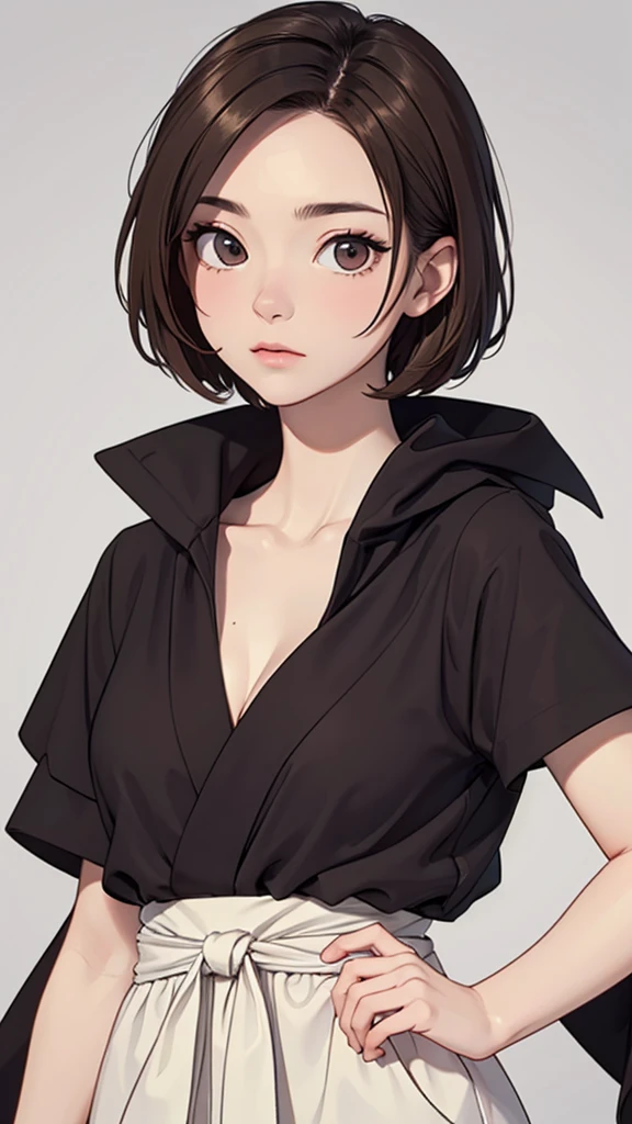 (((masterpiece, best quality, ultra highres, 1 girl, solo, no background))), super detailed skin and face and eyes and finger, beautiful japanese woman, small breasts:1.5, skinny, light brown hair, white background, very short pixie hair, cowboy shot, The background should be simple, outline, anime, 2d, boyish, expressionless, flat paint,