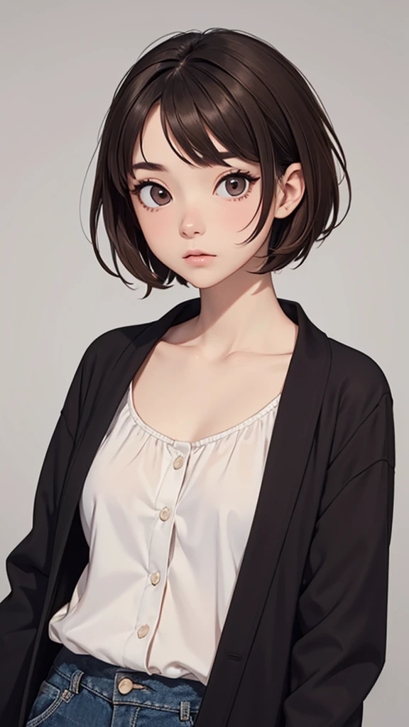 (((masterpiece, best quality, ultra highres, 1 girl, solo, no background))), super detailed skin and face and eyes and finger, beautiful japanese woman, small breasts:1.5, skinny, light brown hair, white background, very short pixie hair, cowboy shot, The background should be simple, outline, anime, 2d, boyish, expressionless, flat paint,