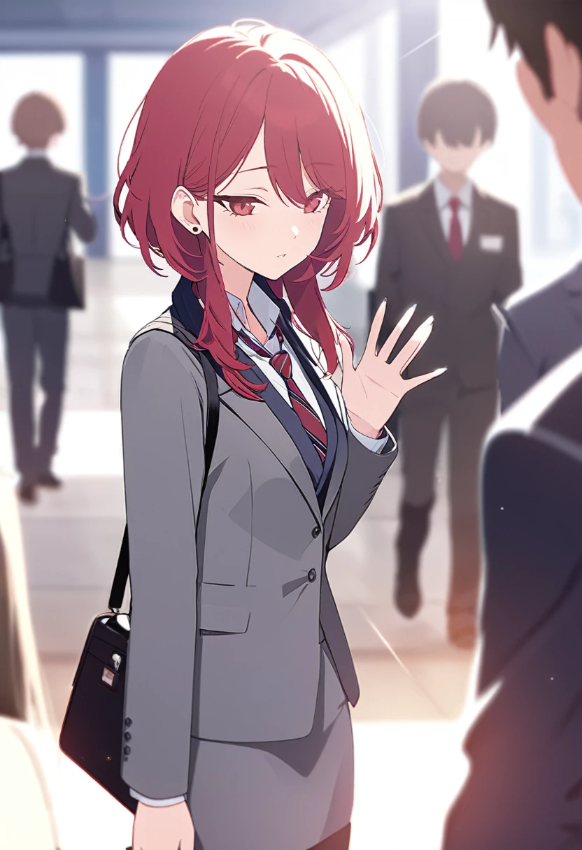 masterpiece,best quality,depth of field,8k,Red hair,Red eyes,wseifuku,chic,(charismatic eyes 1:1),gray business suit,alone,Waving hand,gray business skirt,female,red striped tie,검은색 옥스포드 female 구두,Wearing an employee ID around his neck,alone,shot,chic
