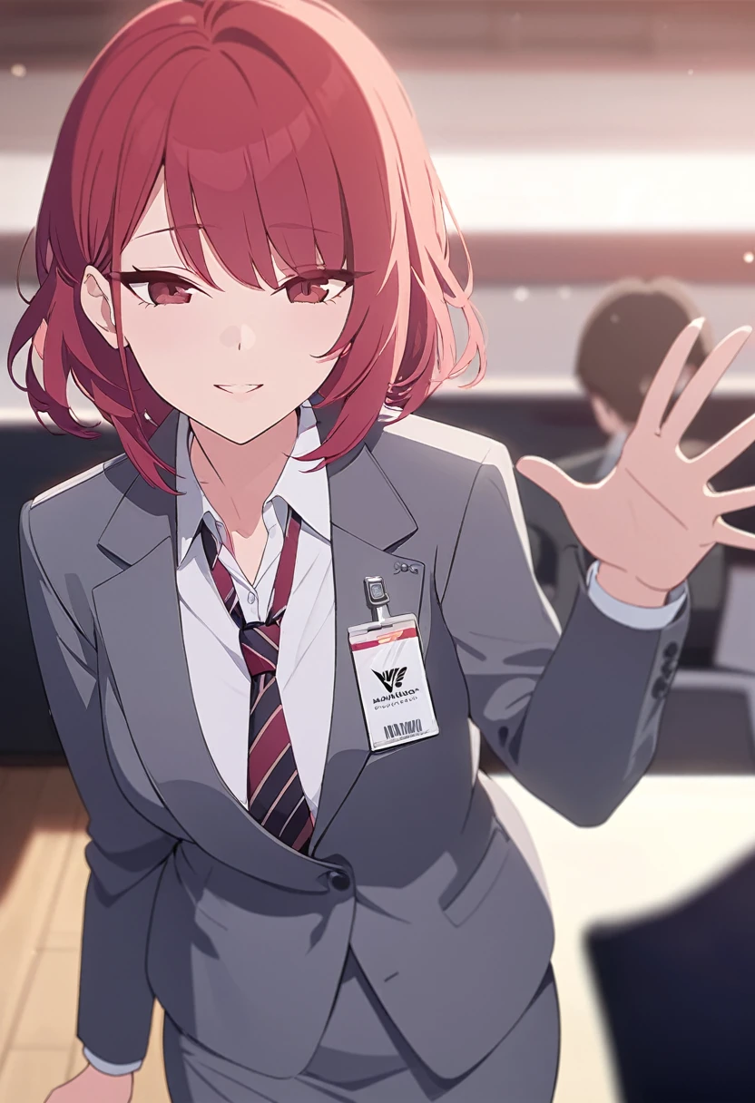 masterpiece,best quality,depth of field,8k,Red hair,Red eyes,wseifuku,chic,(charismatic eyes 1:1),gray business suit,alone,Waving hand,gray business skirt,female,red striped tie,검은색 옥스포드 female 구두,Wearing an employee ID around his neck,alone,shot,chic