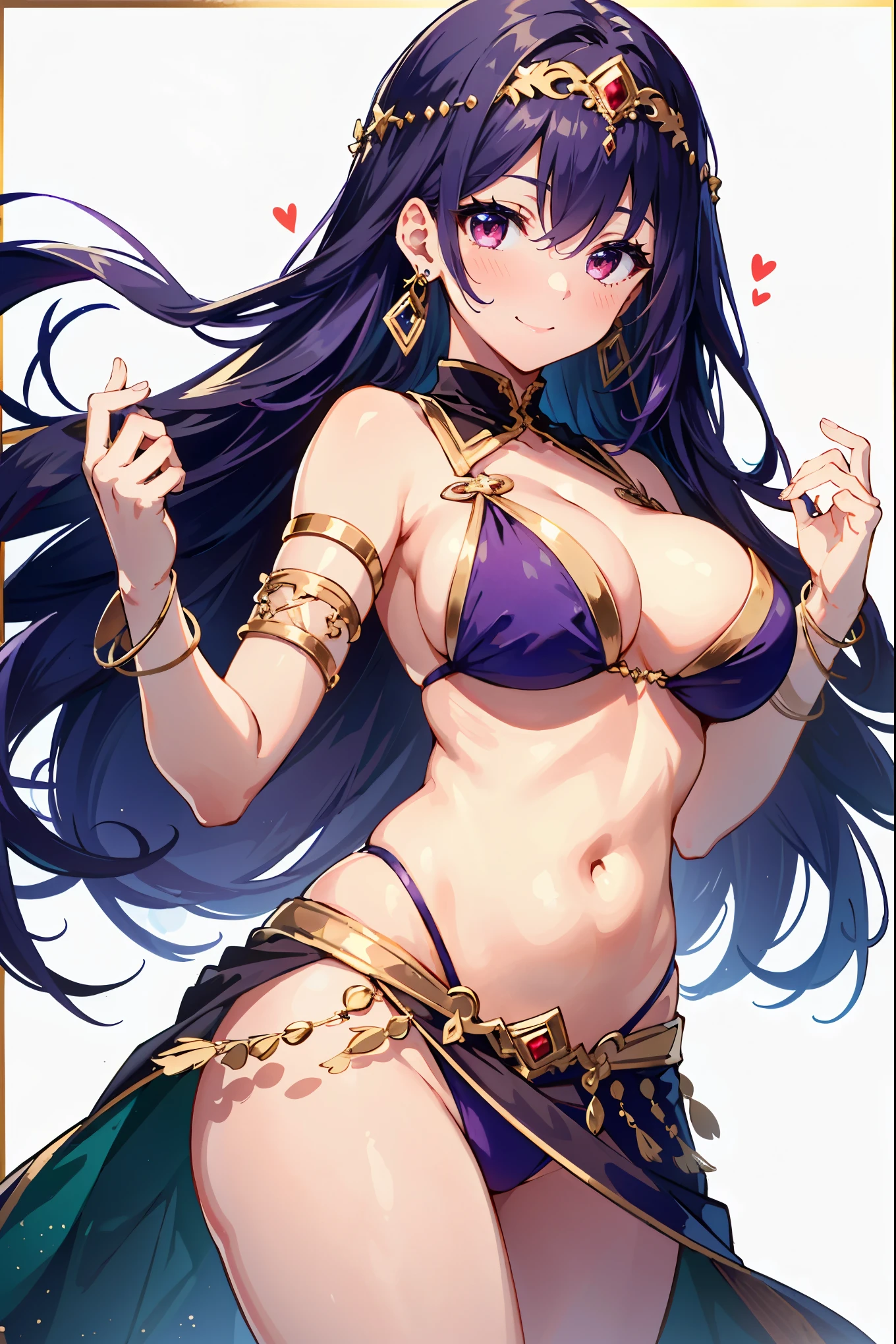 1girl, belly dancer, white background, red eyes, long hair, purple hair, harem outfit, bikini, pelvic curtain, purple costume, circlet, earrings, armlets, bracelets, bashful smile, dancing, large breasts, cleavage, soft stomach