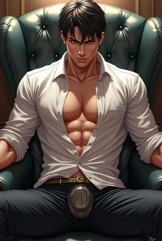 （1 Adult male），A high resolution， Sharp focus， Pixiv masterpiece， （（Complicated details））， highly detailed，handsome man, sitting in a chair, hands tied behind, using white shirt wet and see through, legs spreading, muscular skinny body, cock bulging in pants, 