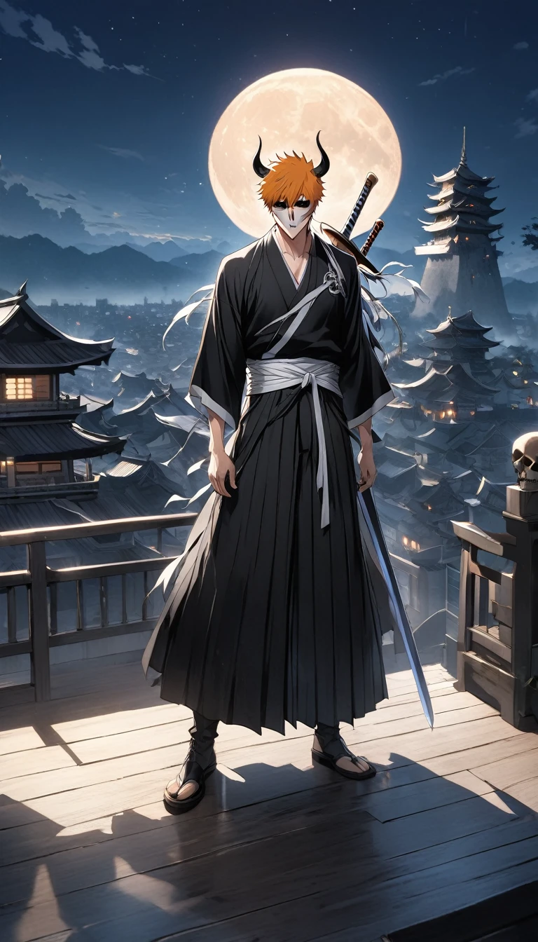 PHOTO OF THE CHARACTER OF A HANDSOME ADULT MALE ANIME "ICHIGO" with a SKULL MASK and long black horns, a BLACK KIMONO APPEARANCE AND HIS TYPICAL SWORD IS STANDING ON TOP OF THE CITY TOWER WHILE STARING AT THE NIGHT MOON.