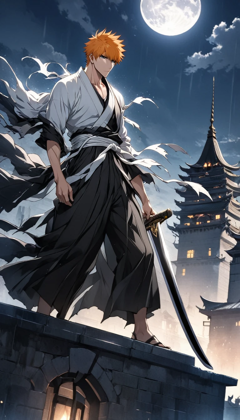 PHOTO OF THE CHARACTER OF A HANDSOME ADULT MALE ANIME "ICHIGO" with a SKULL MASK and long black horns, a BLACK KIMONO APPEARANCE AND HIS TYPICAL SWORD IS STANDING ON TOP OF THE CITY TOWER WHILE STARING AT THE NIGHT MOON.