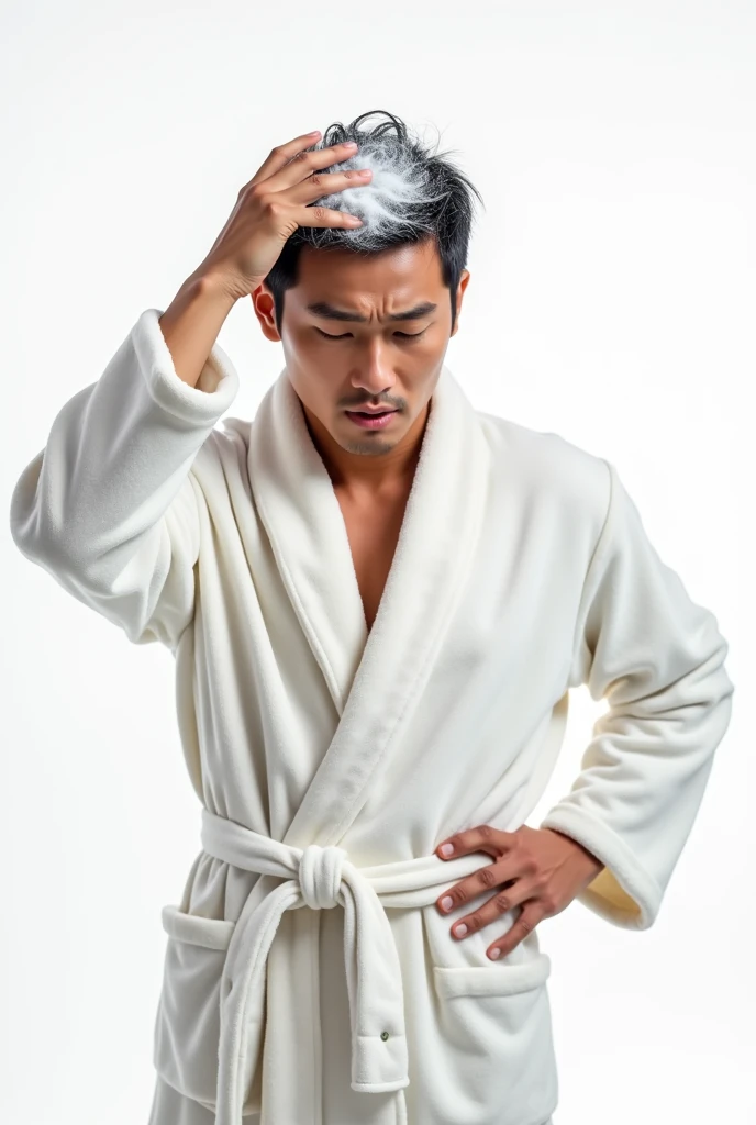Create an Asian handsome guy，Wear a white bathrobe，，Scratching the scalp with both hands，There is a lot of dandruff on the top of the head，White fine dandruff on the top of the head，The expression is unhappy，The characters are realistic and realistic，Pure white background，9:16 frames，Ultra-high-definition picture quality