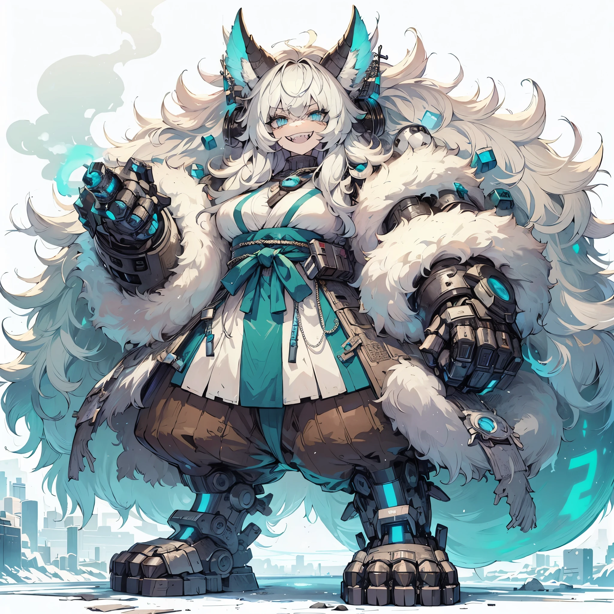 (Masterpiece, Top Quality), (Fine Hair), Ultra-Detailed, Anime Style, Solo, Full Length, Concept Art, cute cyberpunk beasty lady, massive, SMILING-JAGGED-TEETH, WHITE SHAGGY HAIR. turquois-blue eyes, Fluffy fur claws, wearing fur coat and cyber- KIMONO. smokes. cyber horned, wearing iron clogs, white background, whole body, tall and stylish, VERY MASSIVE. Muscular, standing full length, standing on wasted earth,