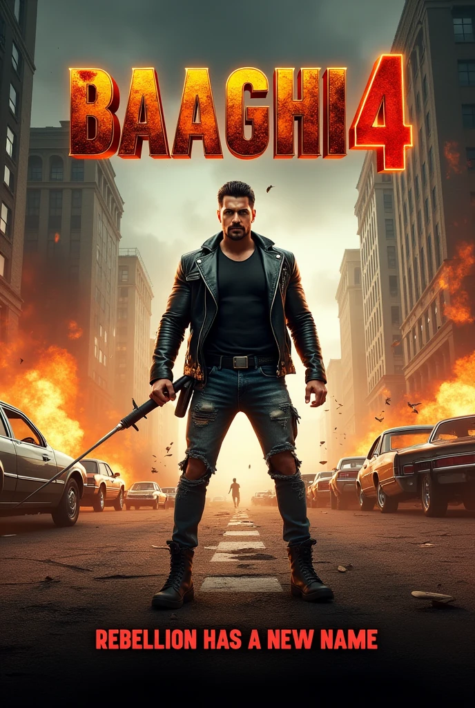 Create a dynamic and intense Bollywood action movie poster for 'Baaghi 4.' The central figure is a muscular, determined hero in mid-action, dressed in a rugged black leather jacket, torn jeans, and combat boots. He holds a weapon, such as a sword or gun, ready for battle. The background features a gritty urban landscape with burning cars, shattered glass, and towering skyscrapers. Explosions and debris are scattered around, highlighting the chaos of the scene. The title 'Baaghi 4' is prominently displayed at the top in bold, fiery letters with a metallic texture. Include a tagline at the bottom that reads, 'Rebellion Has a New Name.' The color scheme should be a mix of dark, moody tones with bright, fiery highlights to emphasize the high-octane action and drama."