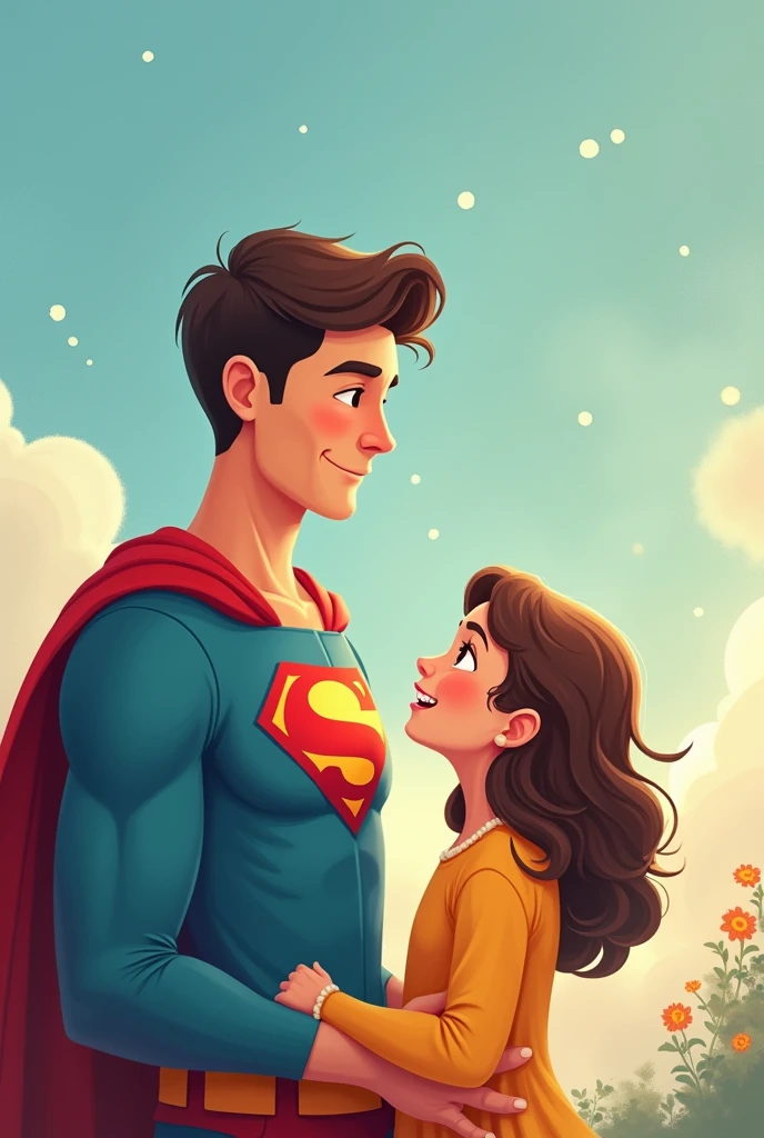 "An illustration celebrating Father's Day, featuring a heartwarming scene of a father and daughter. The father is depicted as a superhero, symbolizing his strength, protection, and role as a hero in his daughter's life. The daughter looks up at him with admiration, conveying deep love and trust. The background and accents are in shades of blue, evoking feelings of nostalgia, love, and security. The overall tone of the image should be warm and sentimental, reflecting the strong bond and cherished memories between the father and daughter."