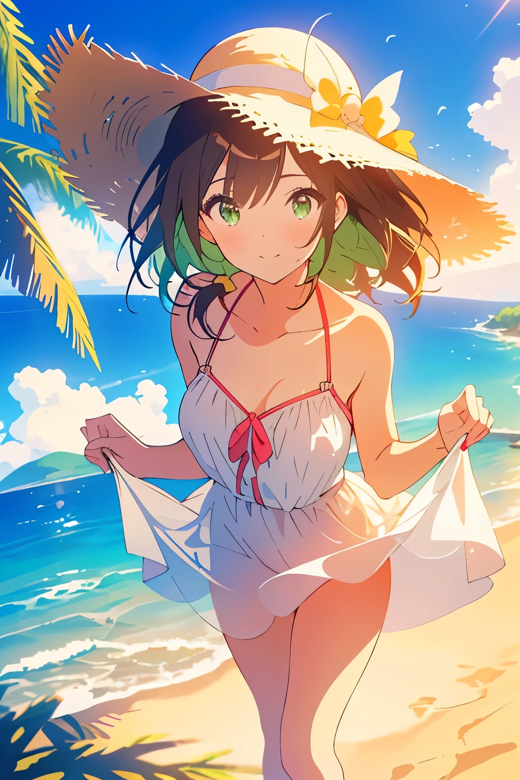 ((masterpiece, Highest quality, High resolution, 超High resolution, Pixel perfect, Written boundary depth, 4K, RTTX 10.0, High resolution))), 1 girl, single, alone, Beautiful Anime Girls, Beautiful art style, Anime characters, ((Shortcuts, bangs, Dark brown hair)), ((Green Eyes:1.4, Round eyes, Beautiful eyelashes, current eyes)), ((Smooth texture:0.75, Anime CG style)), ((Dynamic Angle, close)), Perfect body, (pretty girl), Normal chest, whole body, ((4K, 8k, Highest quality, Perfect Fingers: 1.3, Perfect Anatomy: 1.3, Background Blur)), whole bodyアングル, Please draw a stylish girl in summer clothes., She was wearing a light sundress and sandals, wearing a wide-brimmed hat, In the background is a beach with clear skies and gentle waves., Express a relaxed summer vibe