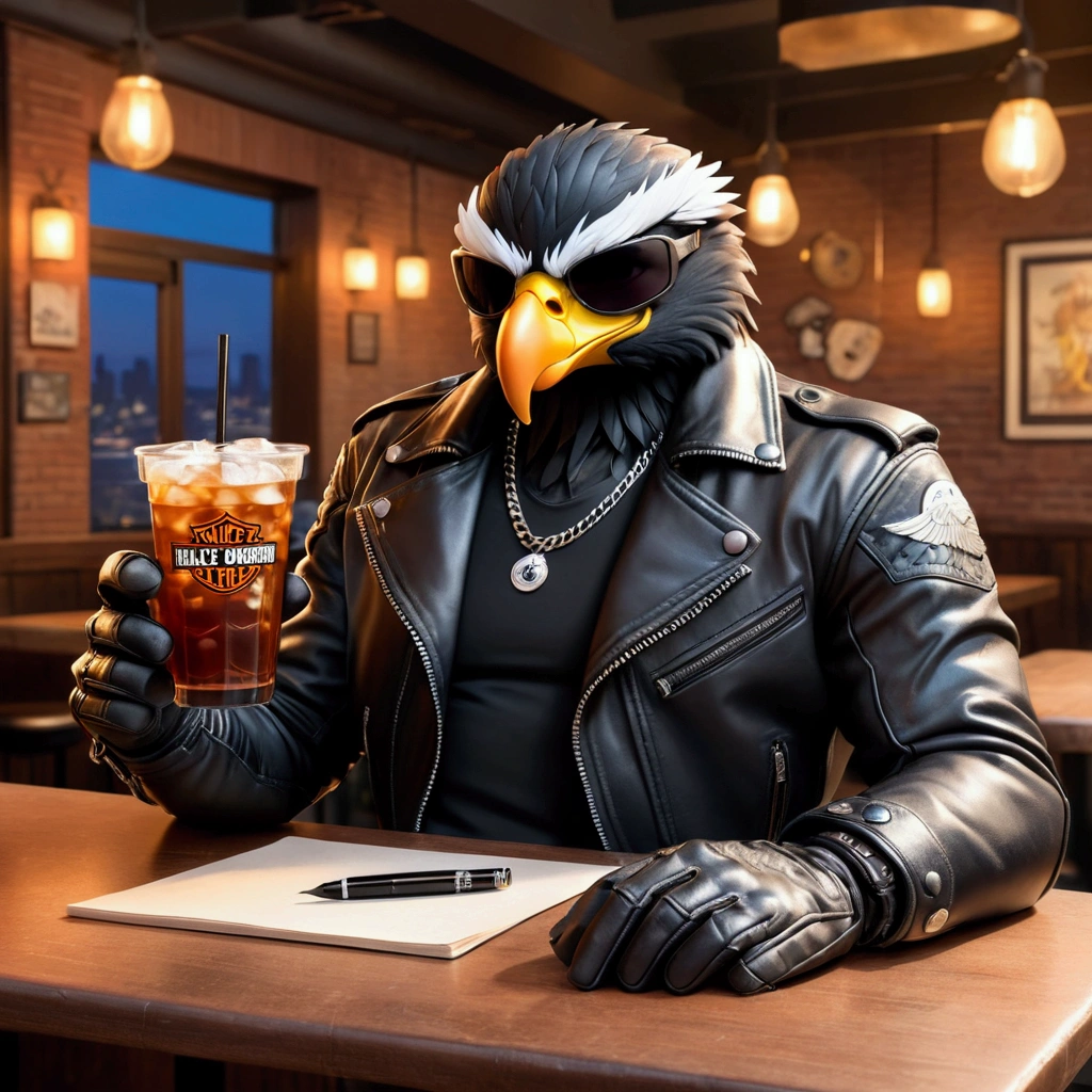 Cartoon of an extremely badass anthropomorphic black eagle wearing an insanely cool black leather Harley Davidson biker jacket, biker shirt, black leather biker gloves, black leather pants, donning metallic black sunglasses, sitting at a table with a glass of sweet tea in a biker bar, closeup, bad to the bone, born to be wild, tough, bad ass, ink pen drawing, matte colors, high contrast, sharp linework, dynamic action pose, cityscape background, moonlit sky, volumetric shadows, pen and ink, digital painting