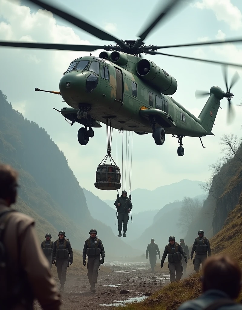 Mi 17 helicopter rescuing peoples from ground