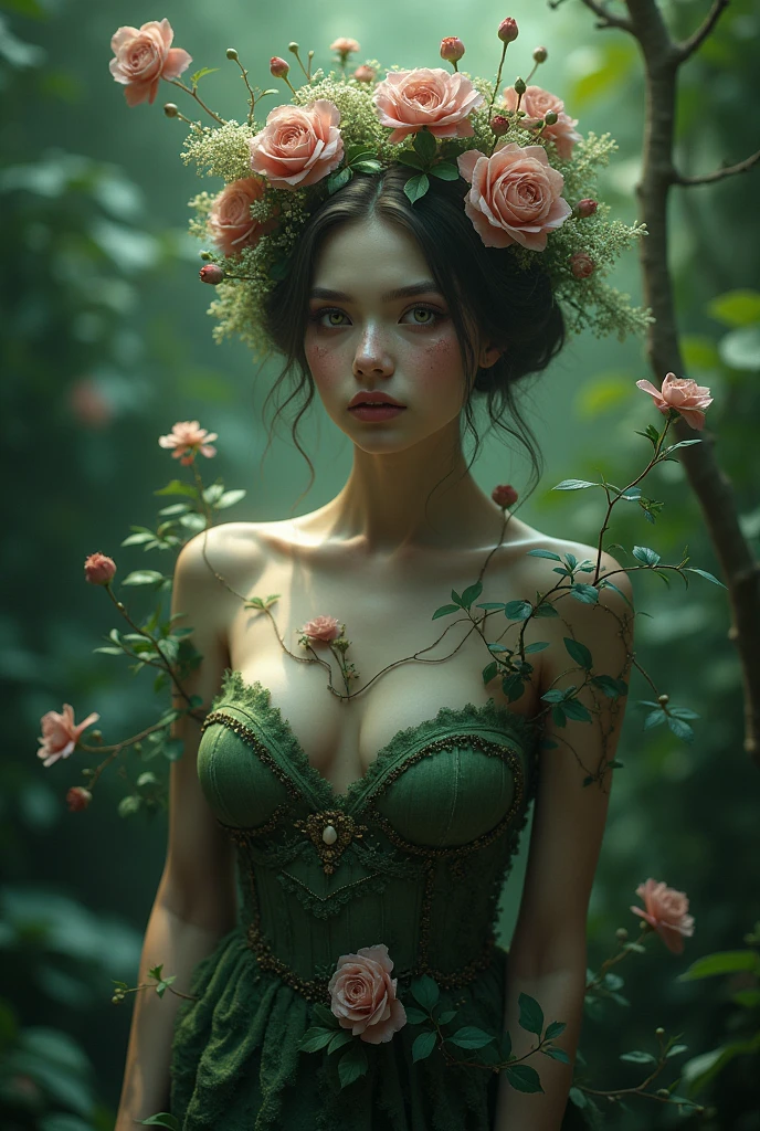 A beautiful human with flower and plant abilities but with dark attribute