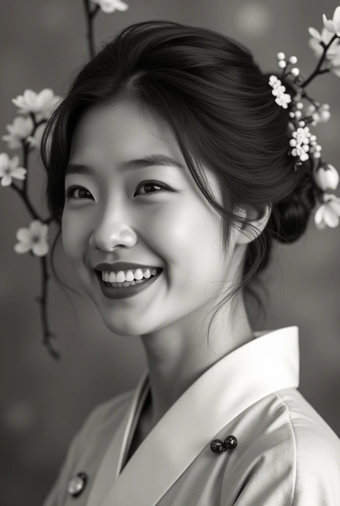 (best quality, 8k, masterpiece: 1.3), ((((((ridiculously big tits: 0.8))))), hairpin, (beautiful face:1.3), plum blossom ink painting background,authentic hanbok, 1920s photo studio, (It feels like a faded photograph: 1.4), Old photos, laugh, Black and white photo, 1920s Hanbok style and hairstyle, retro style
