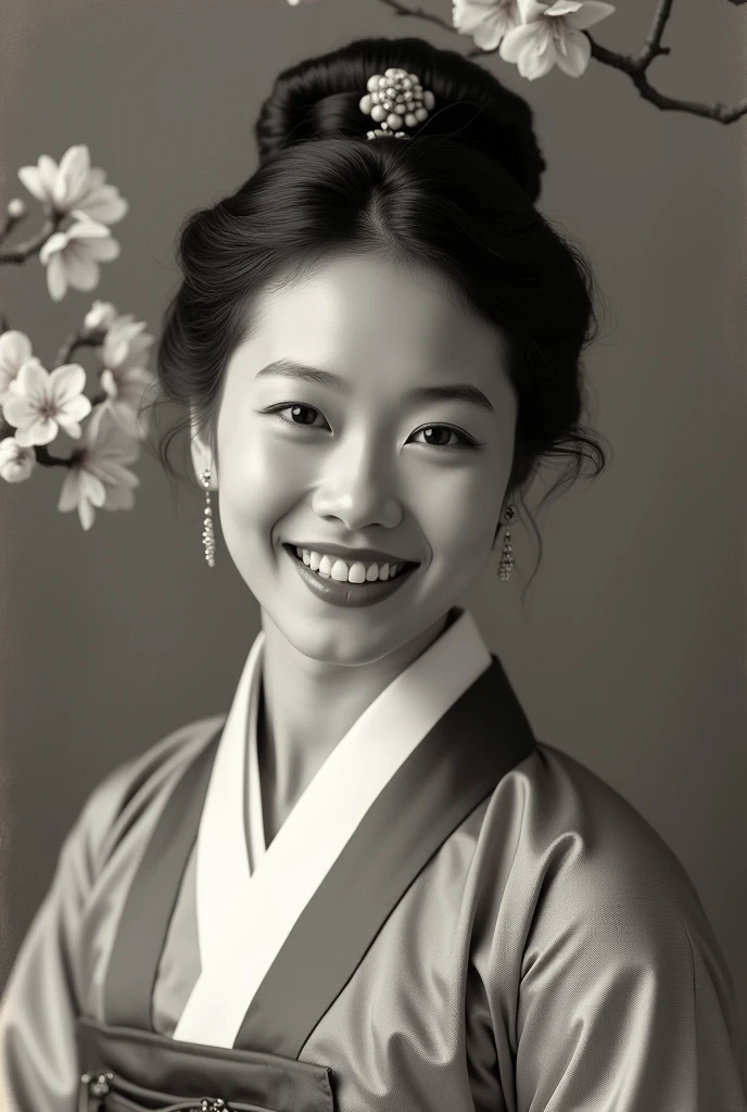 (best quality, 8k, masterpiece: 1.3), ((((((ridiculously big tits: 0.8))))), hairpin, (beautiful face:1.3), plum blossom ink painting background,authentic hanbok, 1920s photo studio, (It feels like a faded photograph: 1.4), Old photos, laugh, Black and white photo, 1920s Hanbok style and hairstyle, retro style