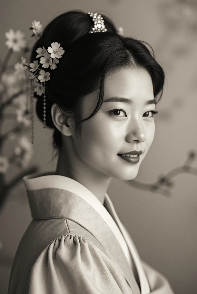(best quality, 8k, masterpiece: 1.3), ((((((ridiculously big tits: 0.8))))), hairpin, (beautiful face:1.3), plum blossom ink painting background,authentic hanbok, 1920s photo studio, (It feels like a faded photograph: 1.4), Old photos, laugh, Black and white photo, 1920s Hanbok style and hairstyle, retro style