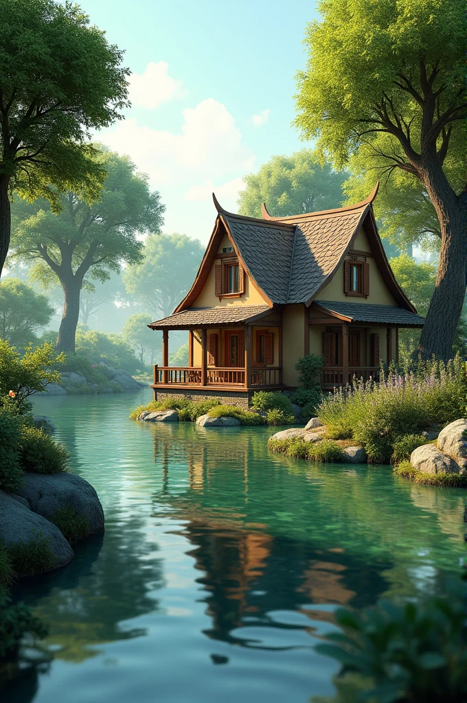 House in the middle of the artificial river surrounded by trees.