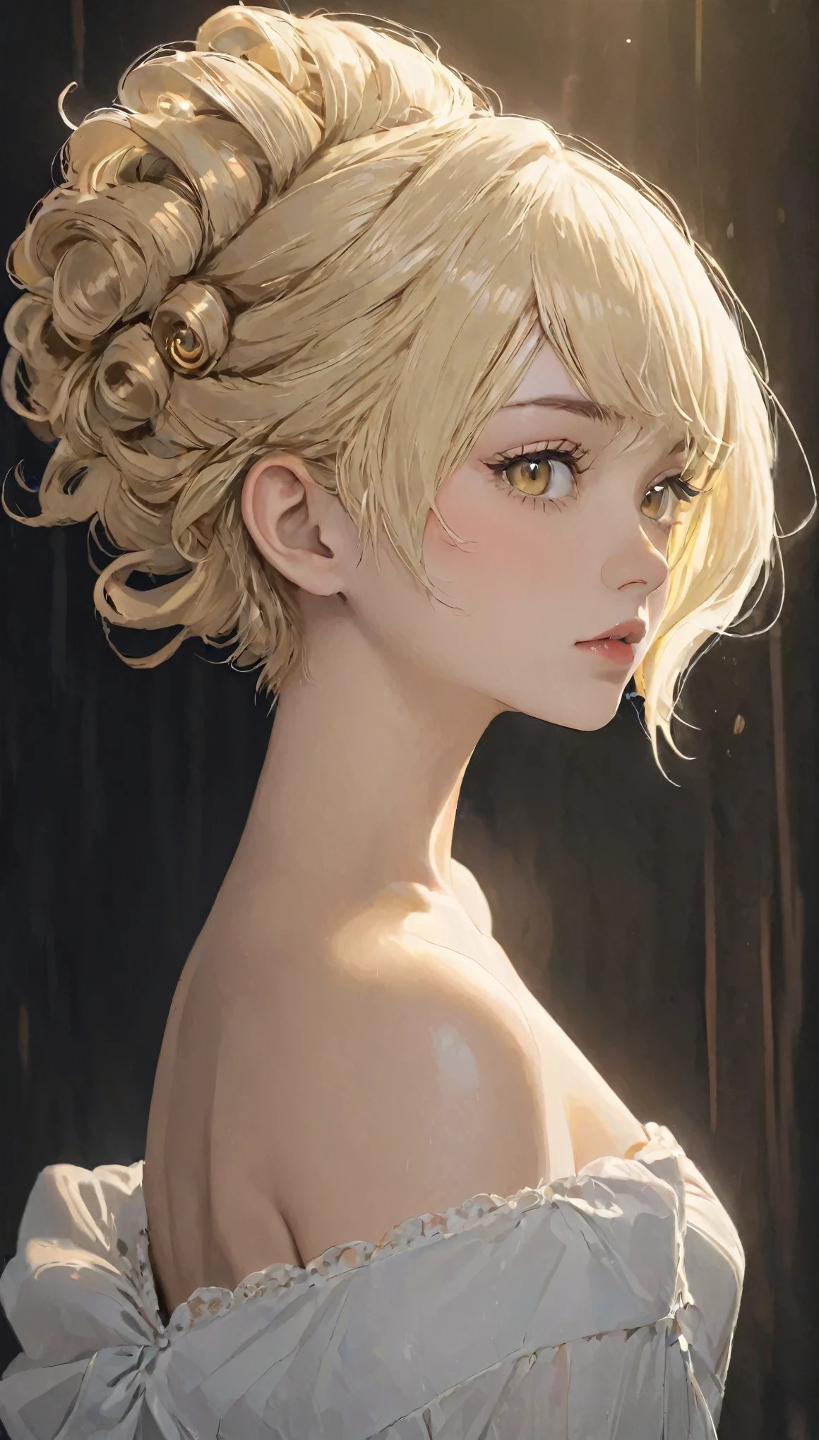{Voluminous updo|Natural Waves|ADF|Pixie Cut}, View your audience,  (Cinematic:0.7), Written boundary depth, 
masterpiece, Highest quality, exterior, At night, (Foreground text:1.3),
ivory hair, Golden Eyes,