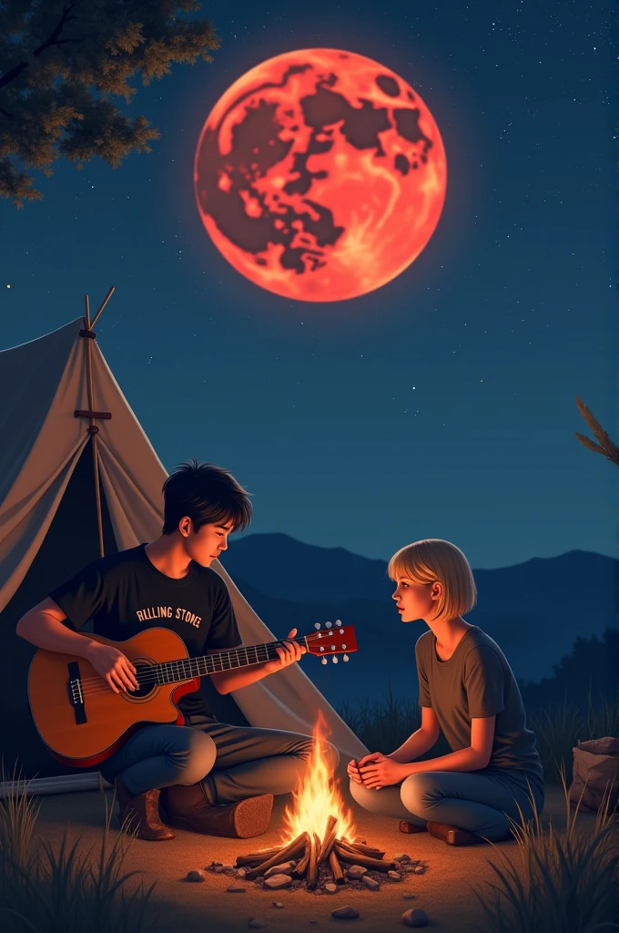 a 30 year old Korean man, wearing a black t-shirt with the rolling stone logo., playing guitar in front of a Korean woman, Short blonde hair.
background of a camping tent, with a campfire, clear sky with lots of stars, and red supermoon. 