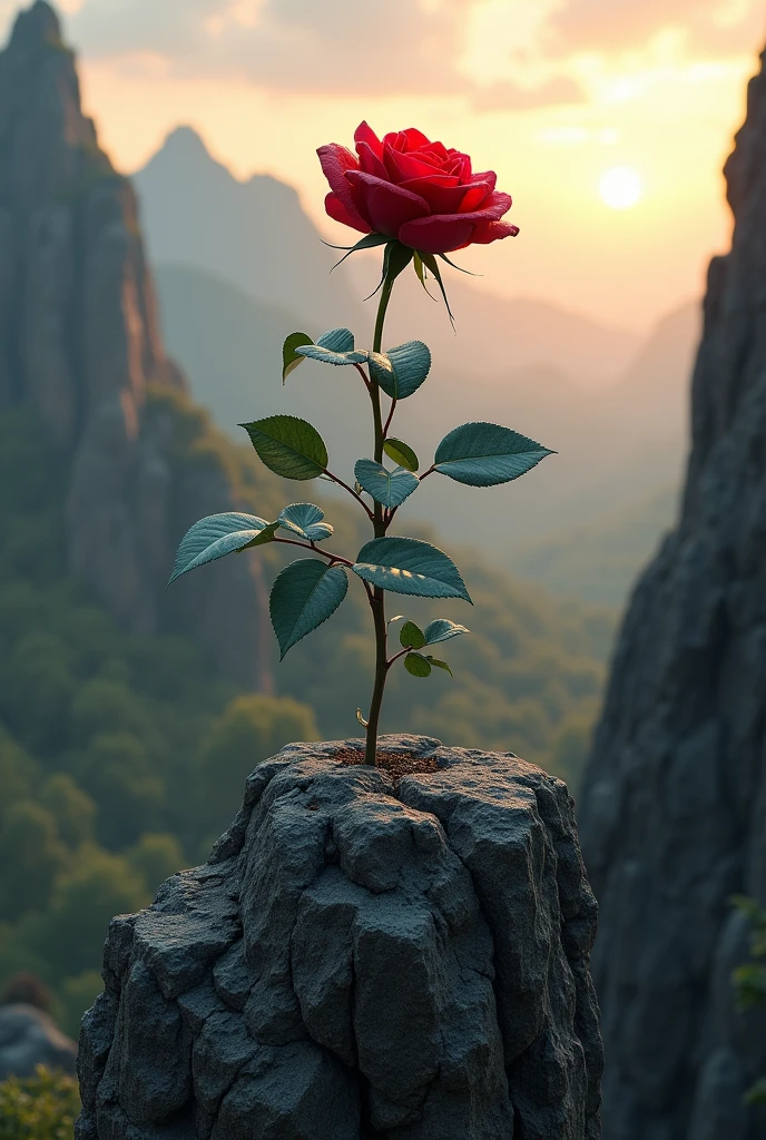 Red rose on rocky cliff