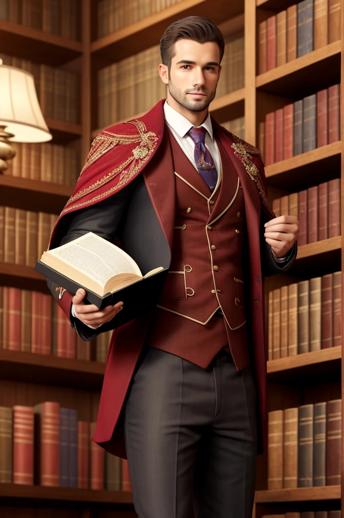 Ultra-high quality, the smallest detail, model, European appearance, chest size 5, stands and holds a book in his hands, the background is a library