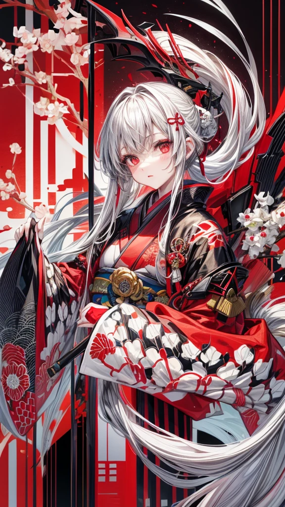Girl in kimono standing with Japan sword, White medium hair, Red Eyes, Red lips, Kimono with red cluster amaryllis pattern isolated on black background, Red splash pattern on black background, ultra-quality, Superfine Detail, Ultra-fine kimono pattern